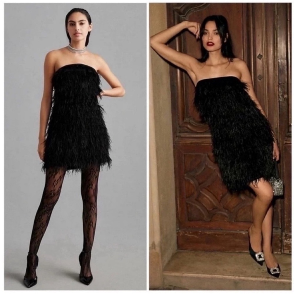 NWT Vineet Bahl Anthropologie Of A Faux Feather Mini Dress Black
